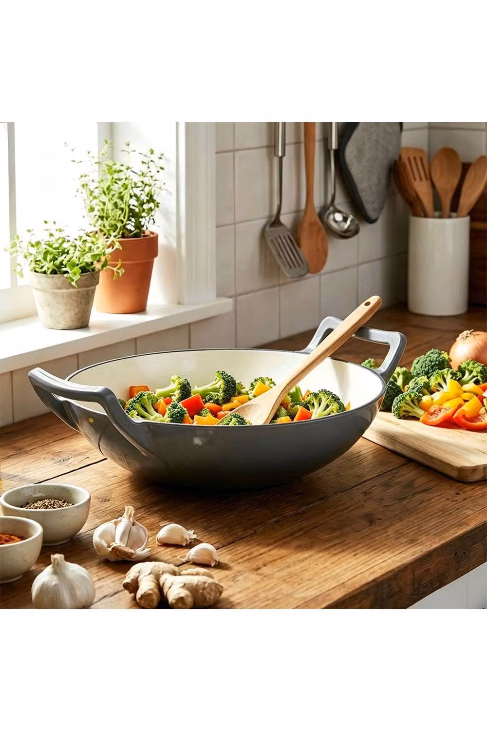 Living and Home Enamelled Cast Iron Stir-Fry Pan Wok, Grey, Depth: 30 cm – 3