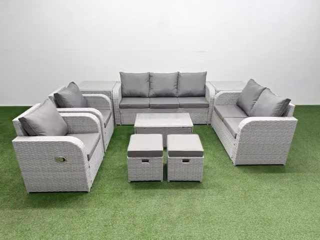 Fimous Grey PE Rattan Garden Furniture Set with 2 Seater Sofa, Oblong Coffee Table, 2 Stools and 2 Side Tables