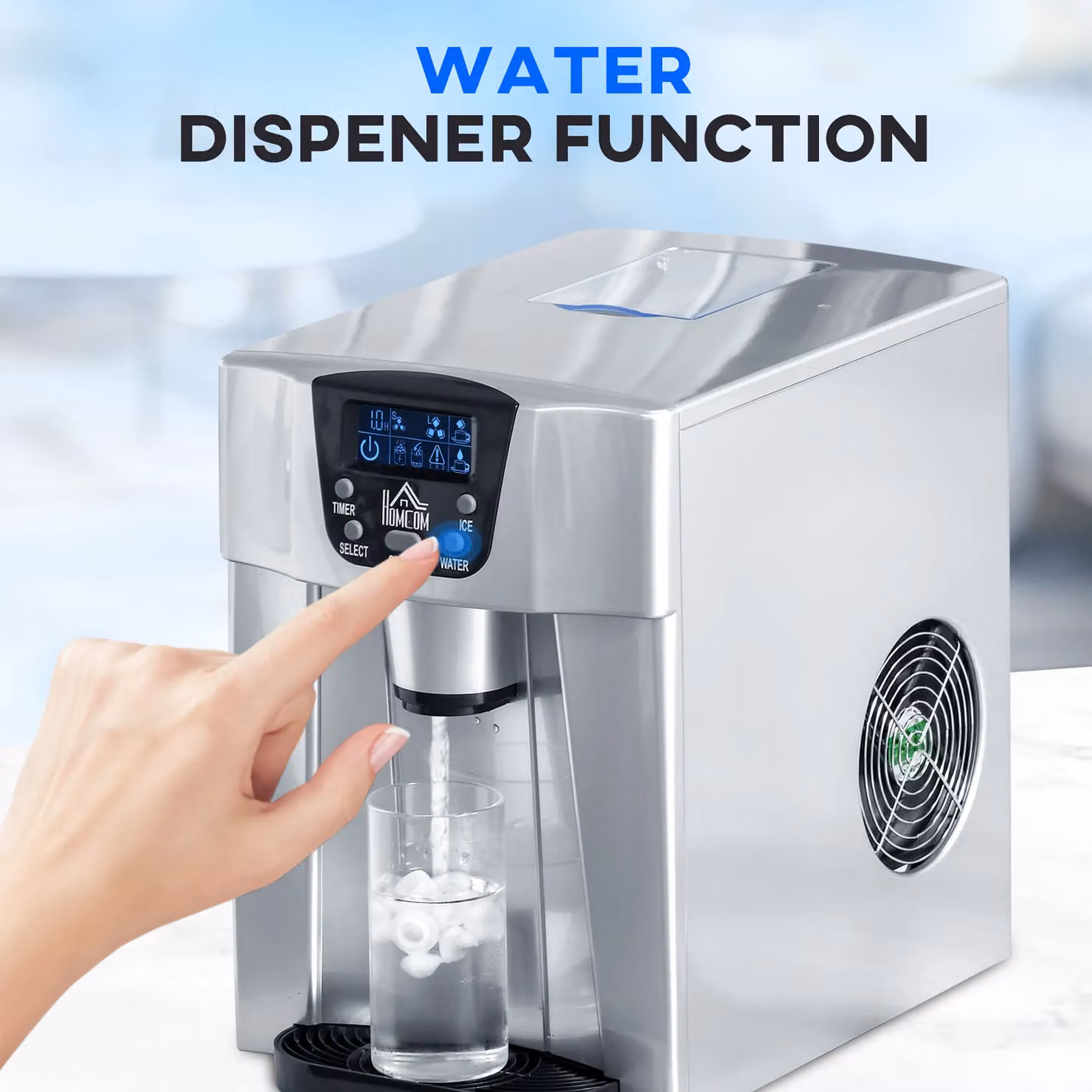 HOMCOM Silver Ice Maker Machine and Water Dispenser with 3L Tank and Digital Display – 3