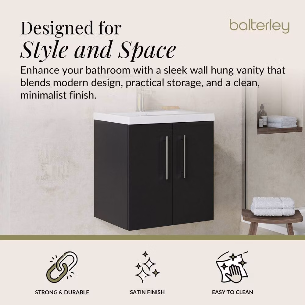 Balterley Modern Wall Hung Bathroom Vanity Unit with 2 Soft Close Doors and Rectangular Mid-Edge Basin, Dark Grey – 2