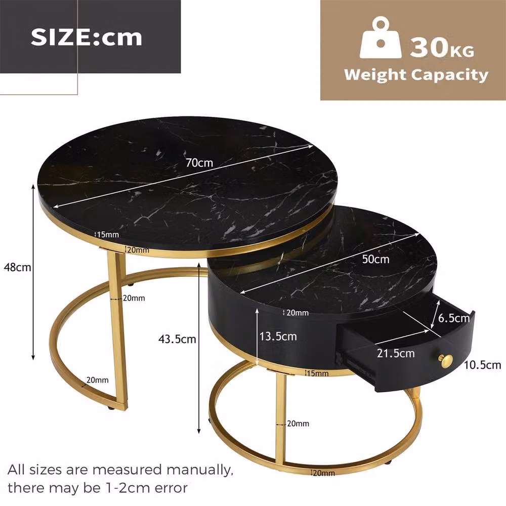 ERGOVEXA Black Marble Effect Round Coffee Table and Side Tables with Storage Drawer – 2