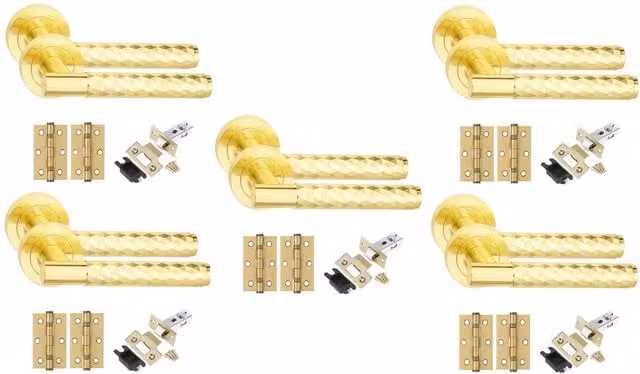 Golden Grace Knurled T-Bar Door Handle Set with Diamond Cut, Ball Bearing Hinges and Latch in Brass