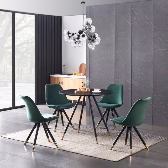 P&N Homewares Sofia Dorchester LUX Round Dining Set with 4 Green Velvet Chairs and Marble Effect Table in Black and Gold