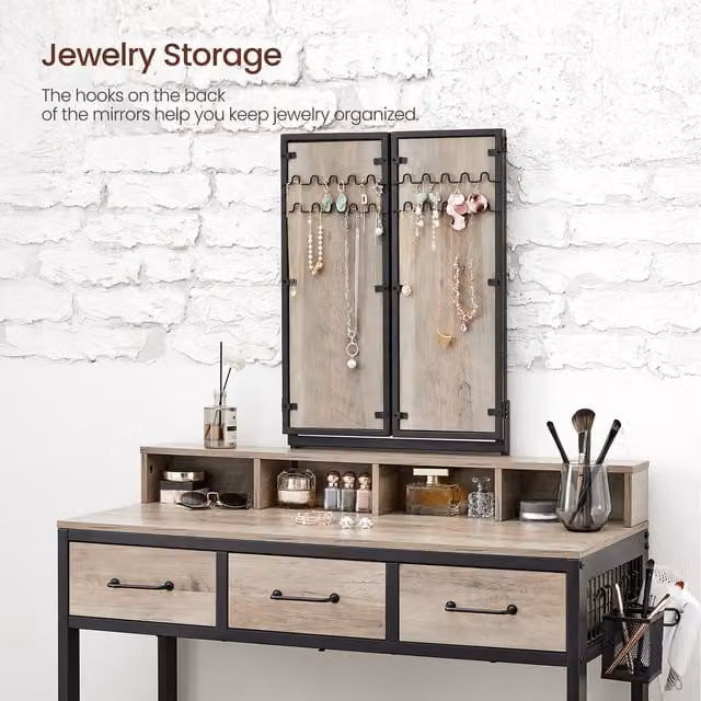VASAGLE Modern Dressing Table with 3-Piece Tri-Fold Mirror and Padded Stool, Black