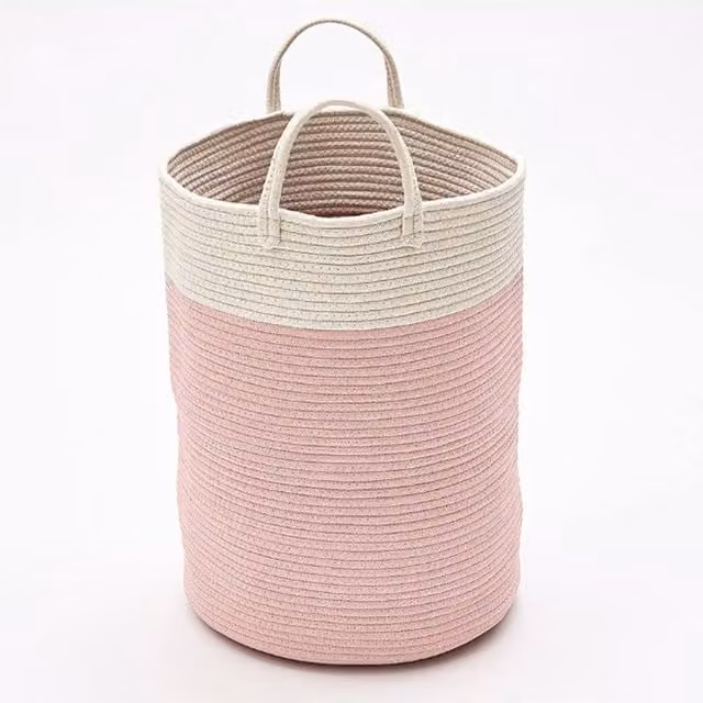 ExtraStar Large Cotton Woven Storage Basket with Decorative Balls in Pink