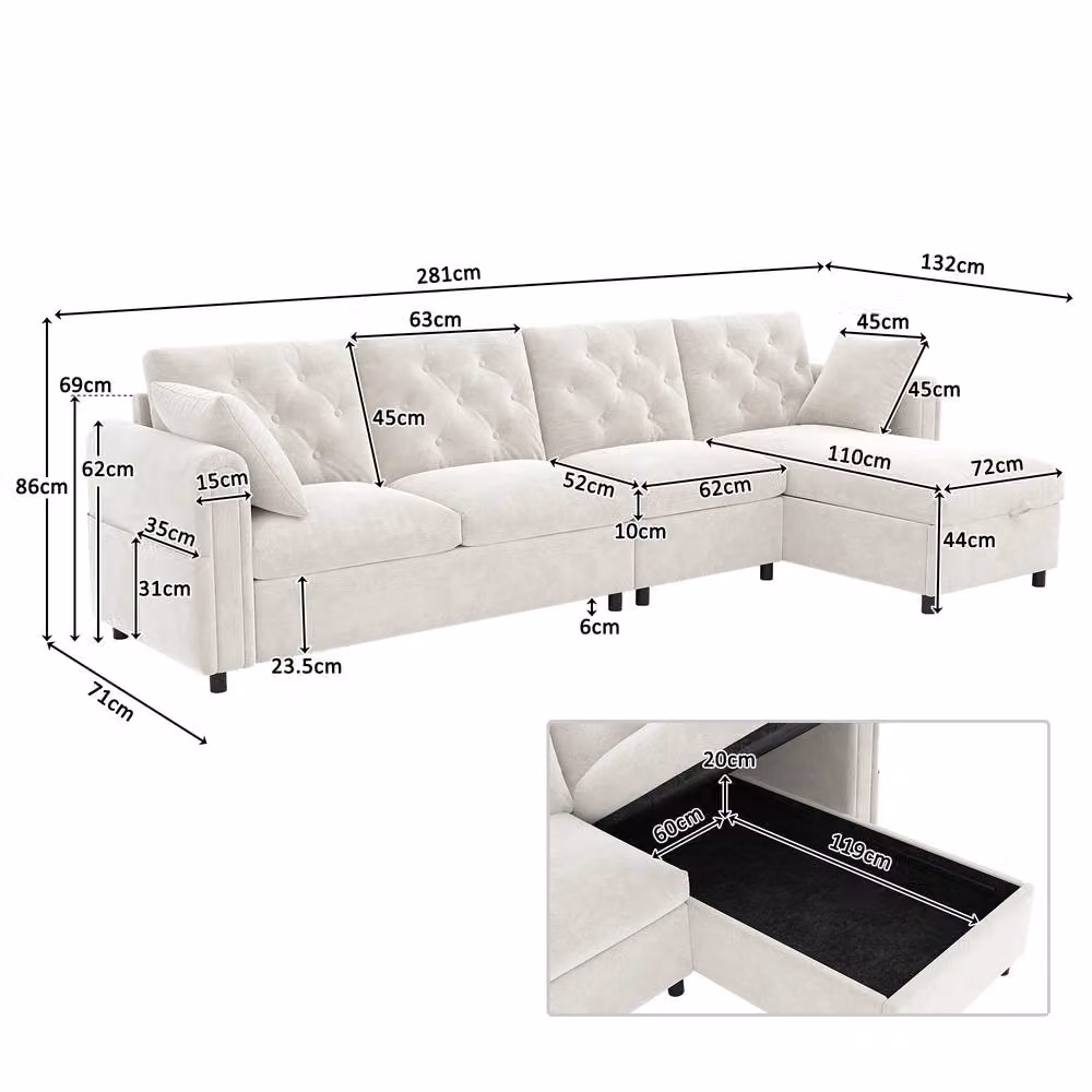 Matteo Modern Beige Velvet L-Shaped Sofa with Reversible Storage Chaise and Sleeping Function – 2