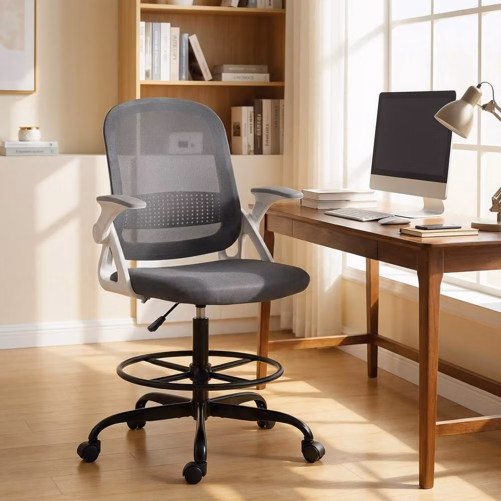 STILVORA Grey Fabric Drafting Chair with Flip-up Armrests and Foot Ring – 3
