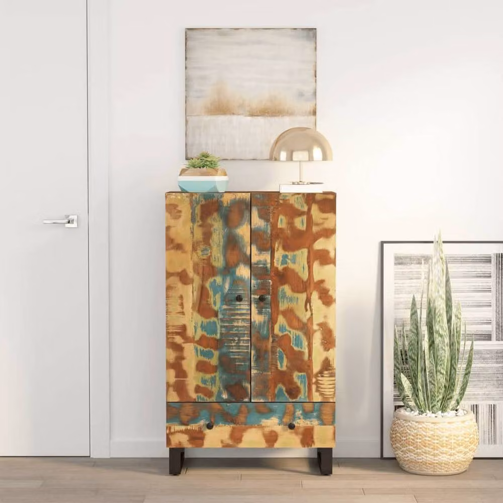 Berkfield Home Industrial Highboard with Drawer in Multicolour Reclaimed Solid Wood and Iron, W/D/H: 60 x 33 x 100 cm – 2