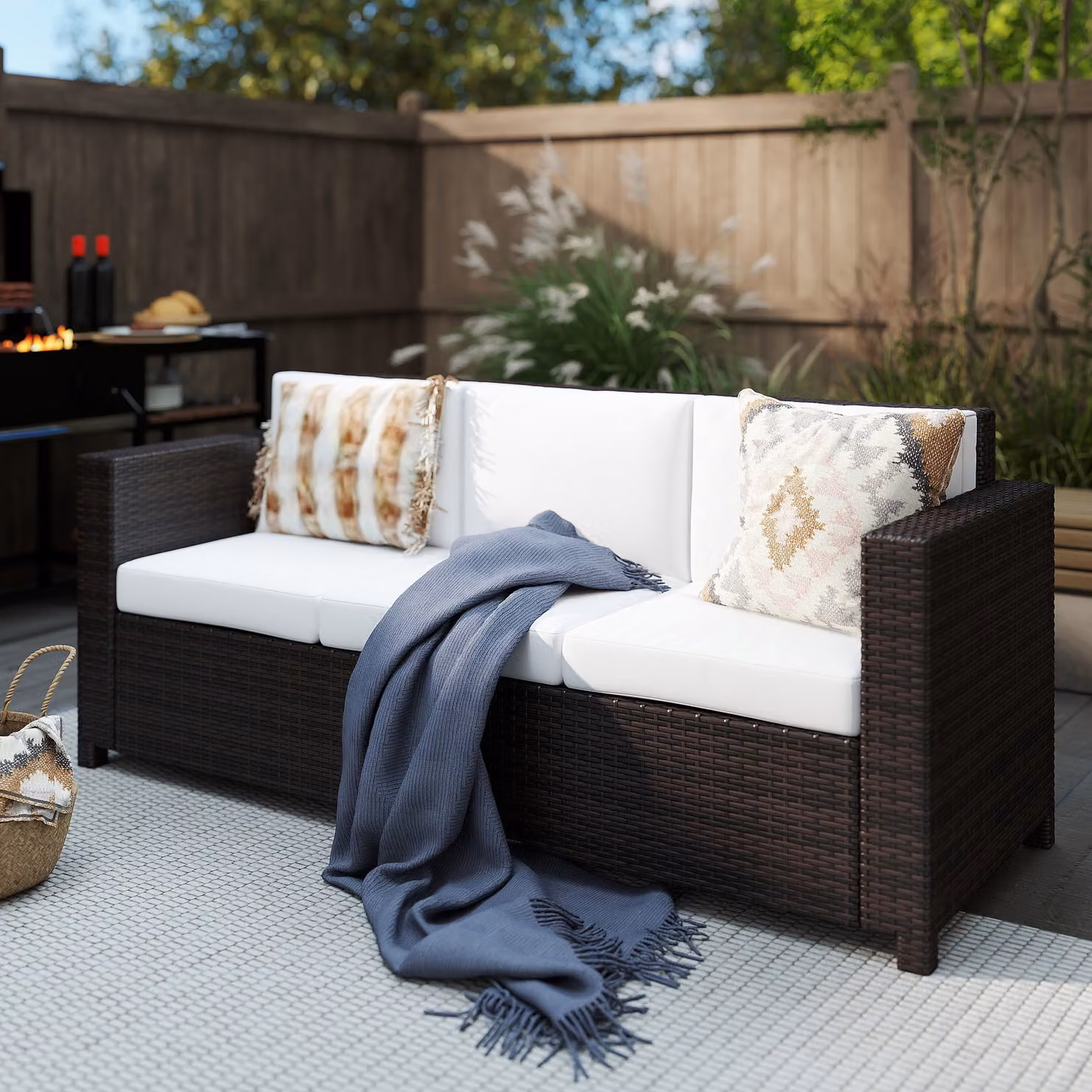 Outsunny 3 Seater All Weather Outdoor Sofa in Brown with Wicker Weave Metal Frame and Fire Resistant Cushions – 2