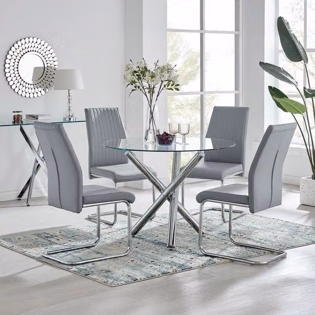 FurnitureboxUK Selina Round Glass and Chrome Metal Dining Table and Four Lorenzo Chairs Set in Grey