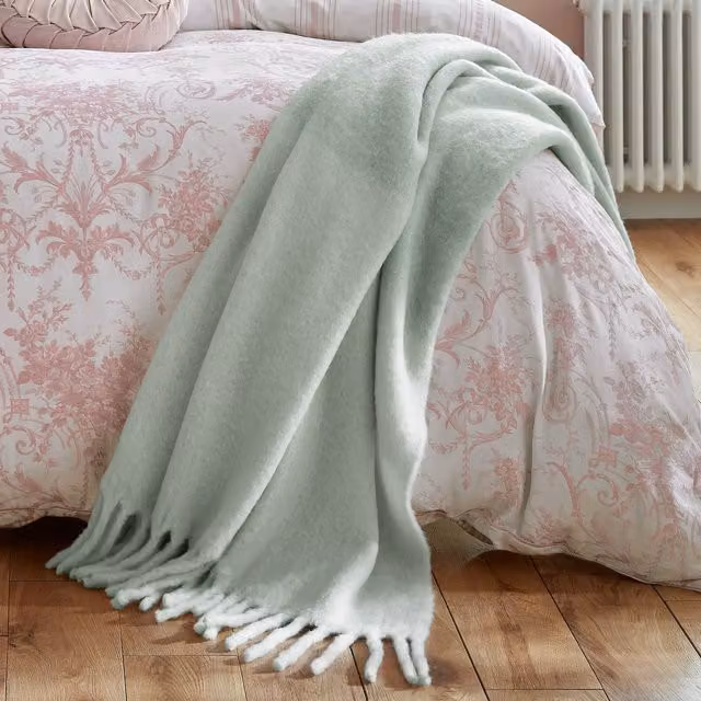 Laura Ashley Bronwen Woven Wool Blend Throw with Fringes, Green, W: 130 cm, L: 170 cm