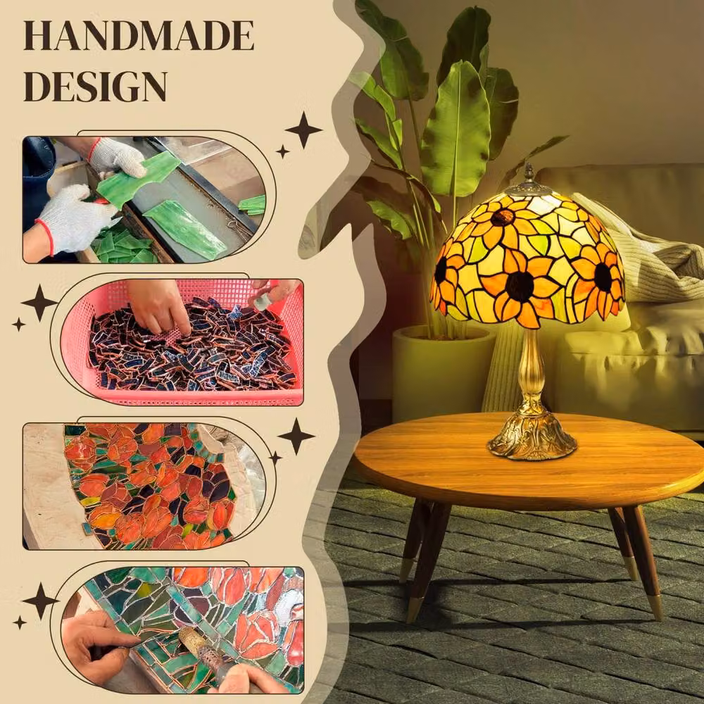 Wyld Haus Limbaka Orange Sunflower Stained Glass Table Lamp, Multicolour with Gold/Brass Metal Base, H 48 cm x W 30 cm x D 30 cm – 4