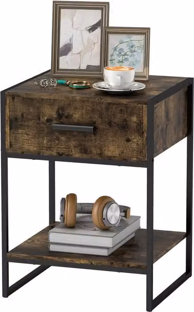 Furnold Industrial Bedside Table Nightstand with Drawer and Shelf in Black and Brown