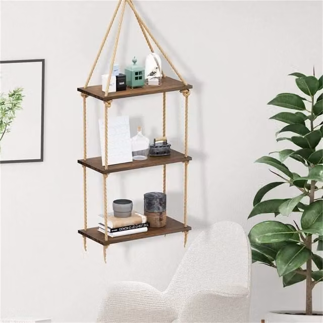 Nordara Rustic Brown Wood Hanging Rope Floating Wall Shelves