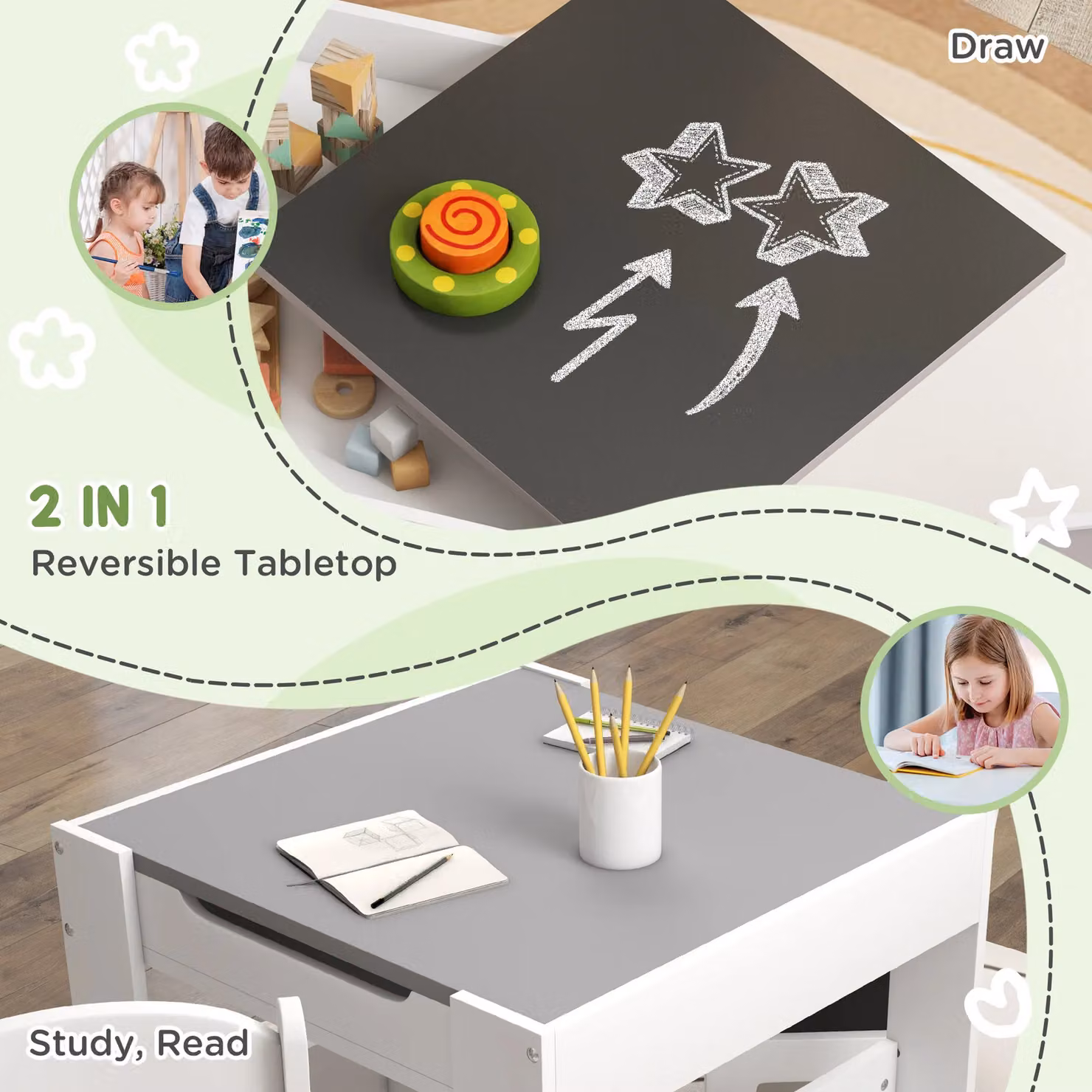 HOMCOM 3-Piece Kids Table and Chair Set in Grey and White – 3