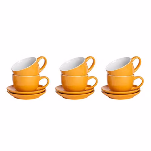 Argon Tableware Yellow Stoneware Cappuccino Cup and Saucer Set, 250ml, Set of 6