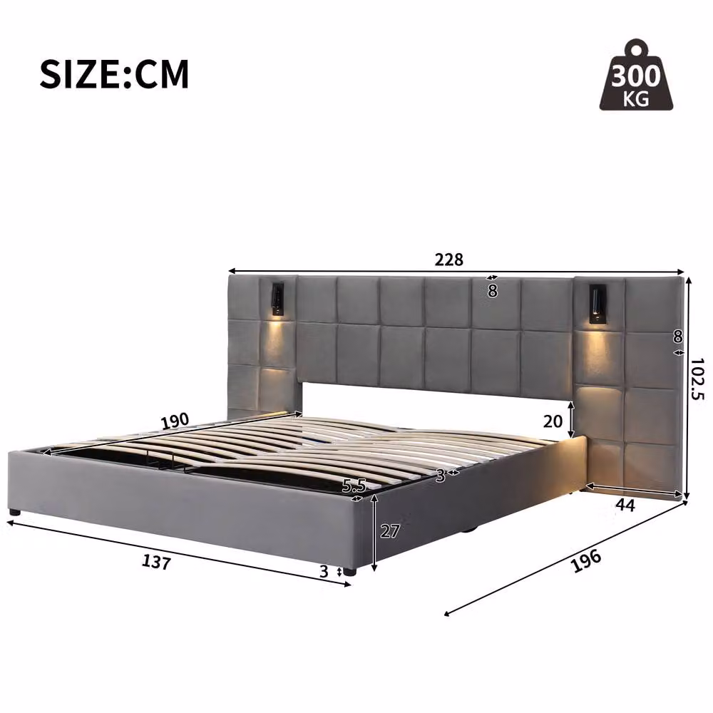 STILVORA Grey Upholstered Double Bed with Storage, USB Charging Port and Integrated Reading Light, W/D/H: 140 x 200 x 135 cm – 3