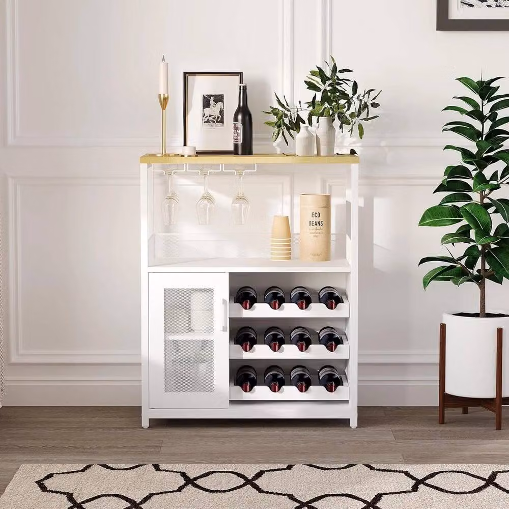 KORVIXA 3 Tier Wine Bar Cabinet with Glass Rack and Storage Shelves in White – 3