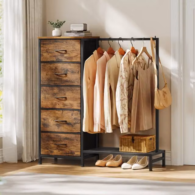 SONGMICS Freestanding Clothes Rack with 5 Fabric Drawers and Hanging Rail, Brown