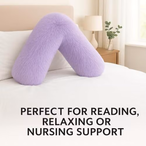 NIGHTZONE Teddy V Shaped Maternity Pillow and Fleece Cover Set in Lilac Purple for Neck and Back Support – 2