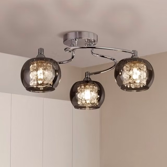 Lighting Collection 3-Light Modern Chrome Ceiling Light with Grey Smoked Glass Sphere Shades