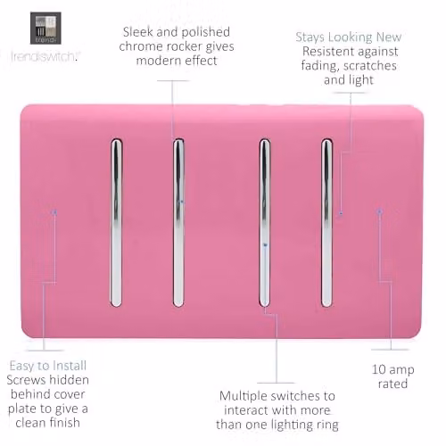 Trendi 4 Gang 2 Way Screwless Raised Front Quad Electrical Wall Light Switch in Candy Pink with Chrome Rockers – 2