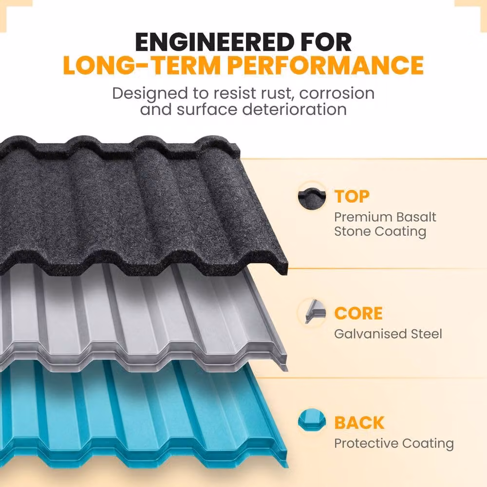 Novecrafto Stone Coated Galvanised Metal Roof Shingles in Dark Grey, 15 Covers, 7.11m² – 4