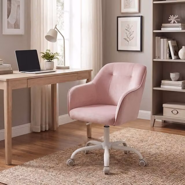 SONGMICS Modern Pink Velvet Swivel Task Chair with Armrests