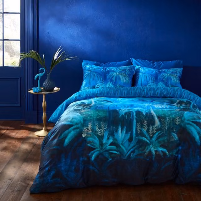 Matthew Williamson Midnight Palms Blue Reversible Mako Satin Pure Cotton Duvet Cover Bedding Set