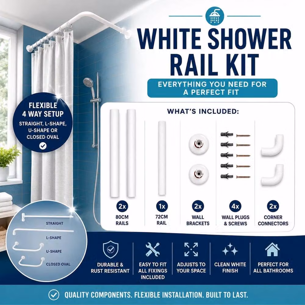 FLAVORA L-Shape White Metal Shower Curtain Rail Pole, W: 100 cm, D: 40 cm – 2
