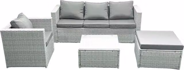 Fimous 5 Seater Rattan Garden Furniture Set in Light Grey with 3 Seater Sofa, Chair, Square Coffee Table and Large Footstool