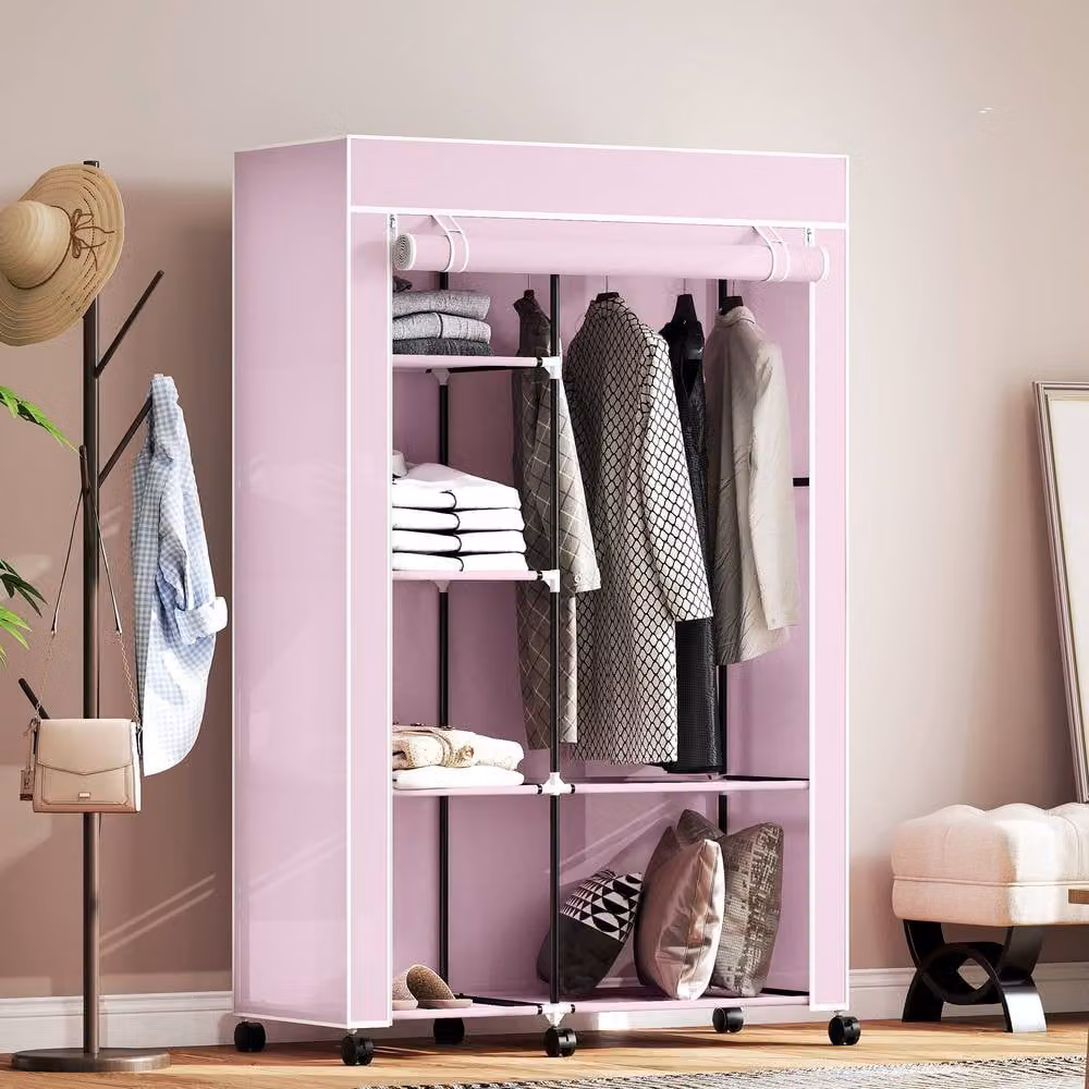 STILVORA Pink Wardrobe with Shelves and Hanging Rail, W/D/H: 103 x 43 x 162.5 cm – 4