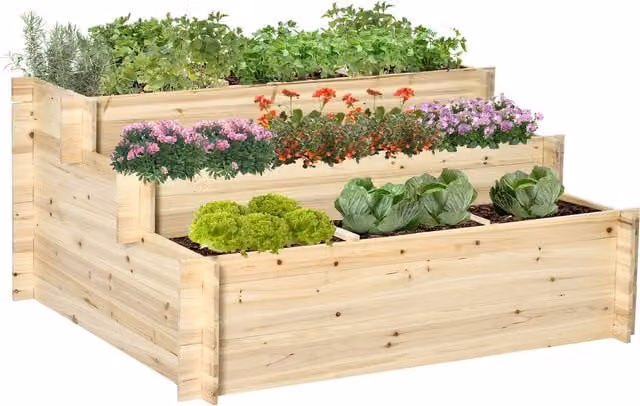 Outsunny 3 Tier Black Wooden Raised Garden Beds with 9 Grow Grids for Vegetables, Flowers and Herbs