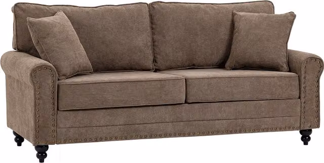 HOMCOM 2 Seater Fabric Sofa in Brown with Scatter Cushions and Nailhead Trim – 1