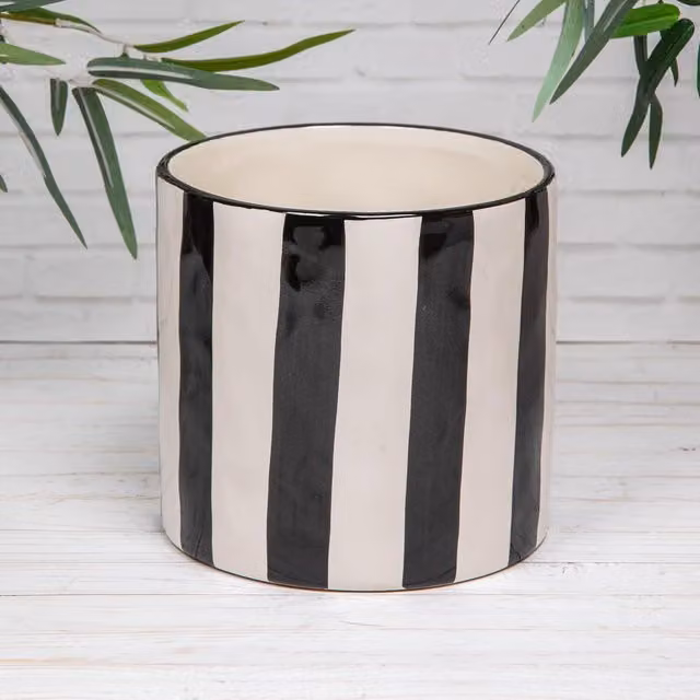Annibells Modern Round Striped Ceramic Glazed Indoor Tabletop Flower Pot in Blue, Black and White