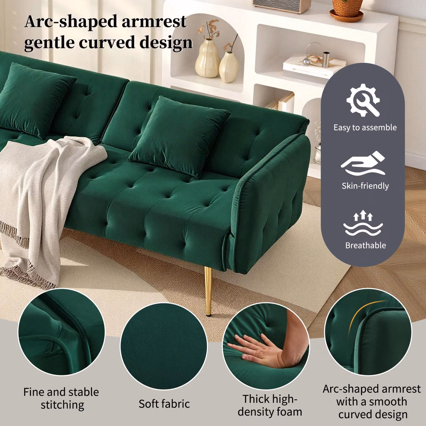 Aosom UK Green Velvet Click Clack Sofa Bed with Gold Accents and Scatter Cushions, W/D/H: 178 x 82 x 70 cm – 4