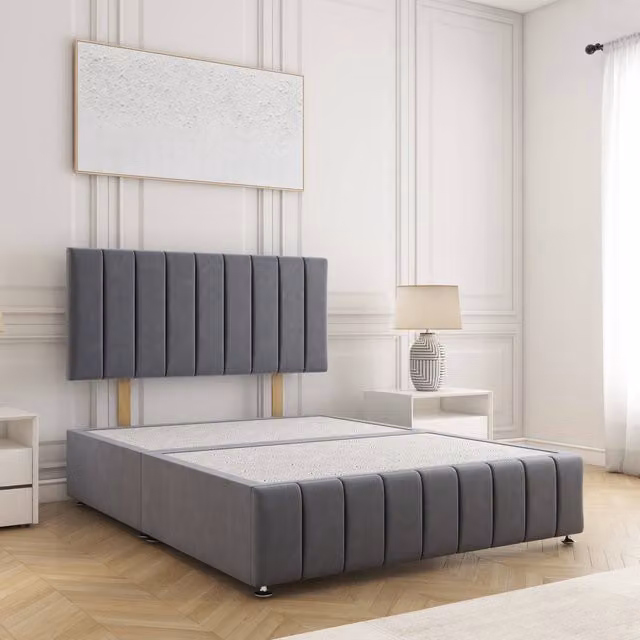BSSPOKE Sierra Single Divan Bed with 24 inch Plush Velvet Headboard in Charcoal Grey, W/D/H: 90 x 190 cm