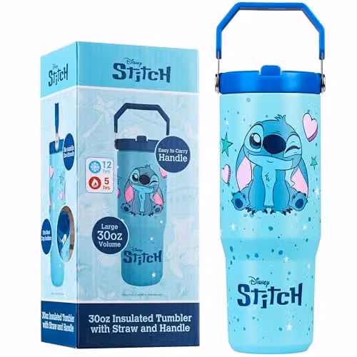 Get Trend Disney Stitch Insulated Metal Travel Tumbler with Flip Up Straw and Handle, Blue, 850ml