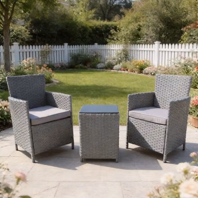 FURNITURE ONE 3 Piece Rattan Garden Bistro Set with Grey Cushions and Glass Tabletop