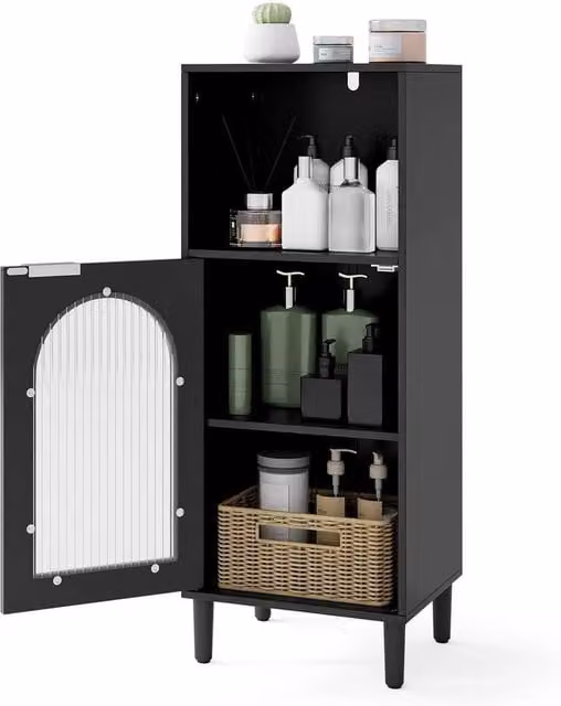 KORVIXA Black Lacquered Wood Freestanding Side Storage Cabinet with Glass Doors and Internal Shelves, W: 90 cm, H: 65 cm