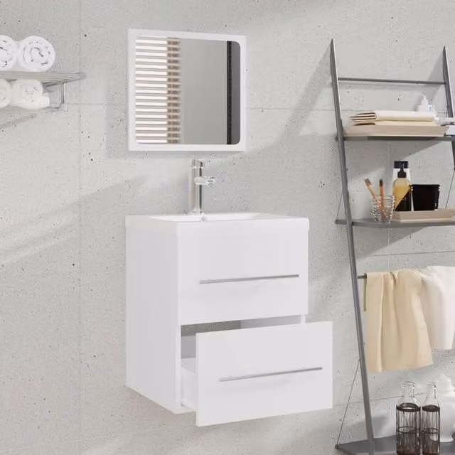 Berkfield Home White Engineered Wood Bathroom Sink Cabinet with Built-in Basin, W/D/H: 76.7 x 48.0 x 38.5 cm