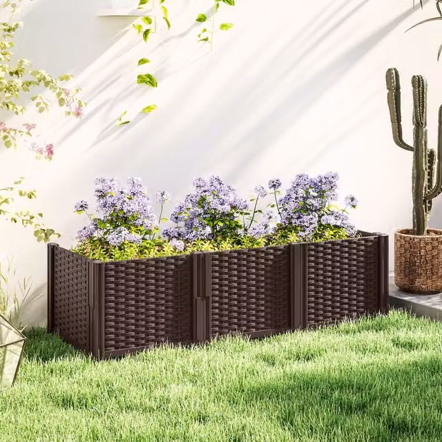 OUTSUNNY Modular Plastic Raised Bed Planter Kit for Flowers and Herbs, Brown, W/D/H: 120 x 38 x 30 cm