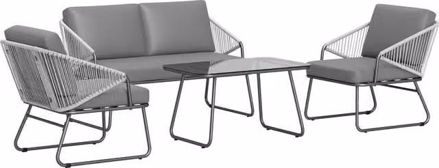 Outsunny 4 Piece Grey Rattan Garden Furniture Set with Upholstered Cushions, 2 Seater Sofa, Armchairs and Glass Top Coffee Table