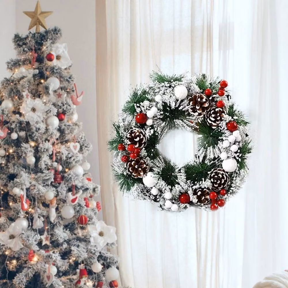 FLAVORA Large Snowy Christmas Wreath Garland in Green, W: 100 cm, D: 60 cm – 2