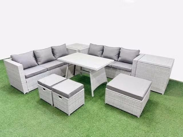 Fimous 9-Seater Patio Set with Rectangular Table, 3-Seater Sofa and 2 Side Tables in Light Grey