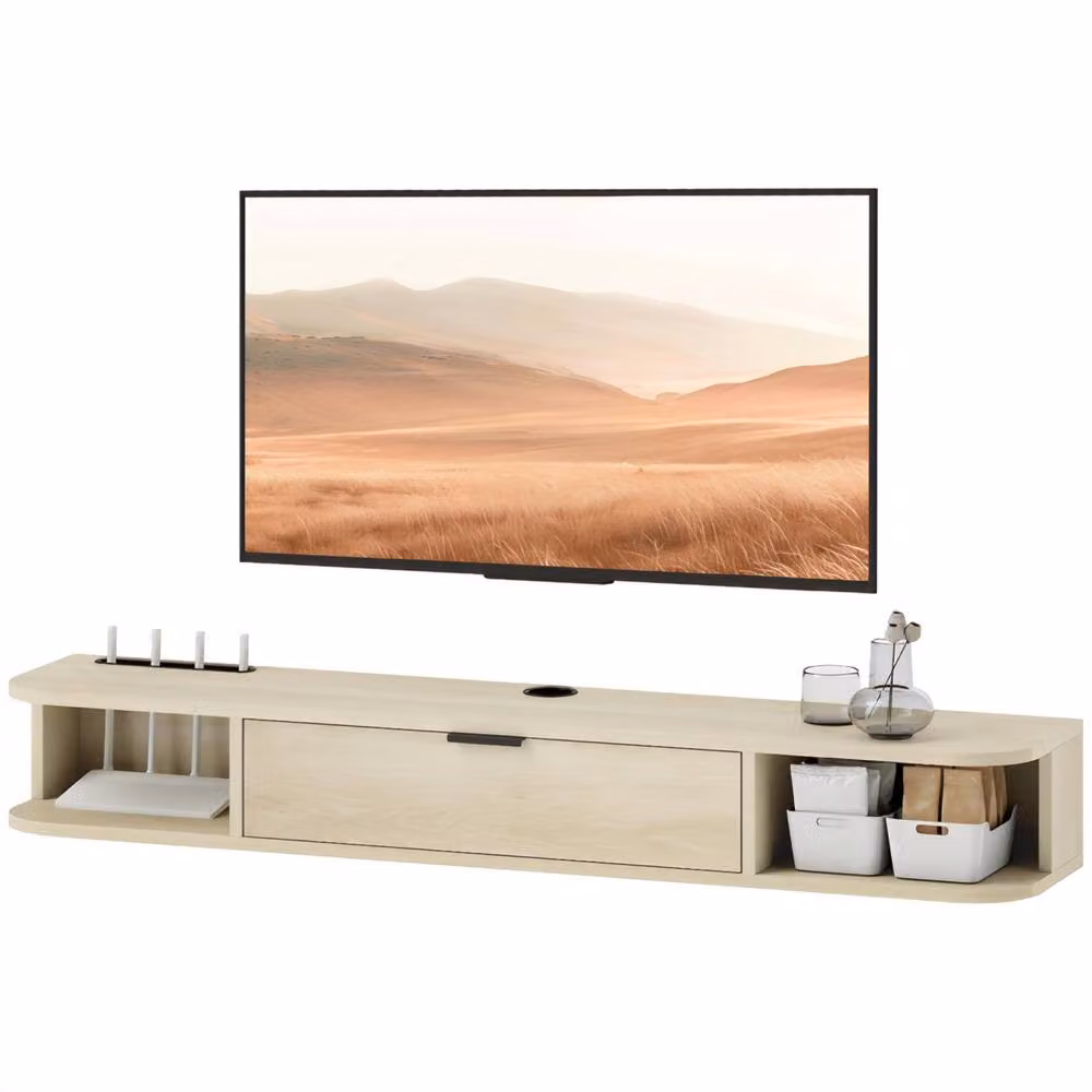 STILVORA Modern Wall Mounted TV Unit with Flip Drawer in Natural Wood Finish, Width: 120 cm – 3