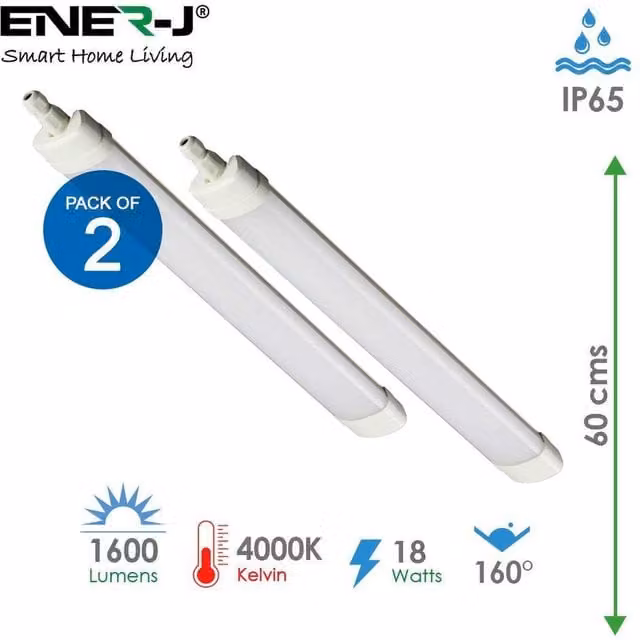 EnerJ Smart Pack of 2 White 18W LED Triproof Batten Tube Lights, 4000K, IP65, 60 cm