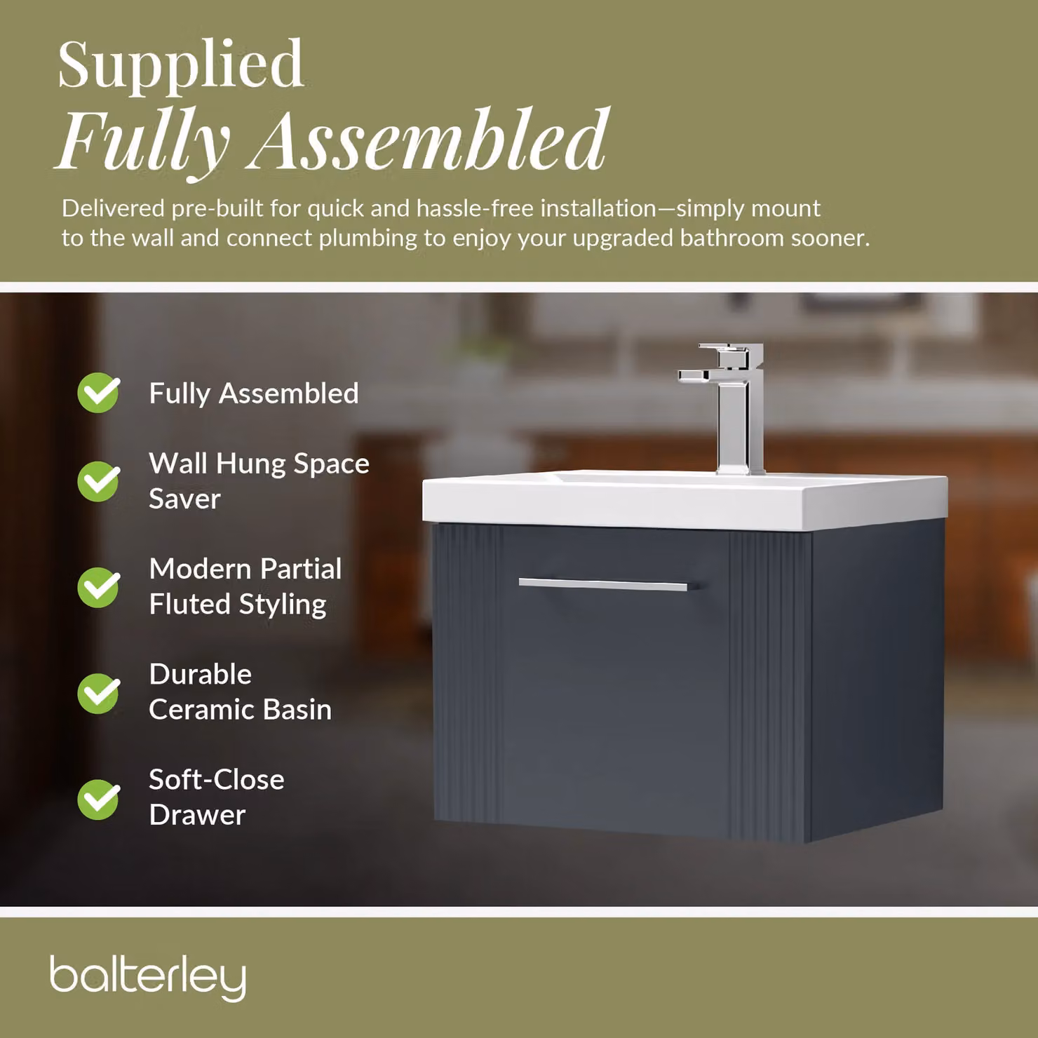 Balterley Wall Hung Single Drawer Vanity Unit with Mid-Edge Basin in Matt Dark Grey, W/D/H: 51.0 x 39.0 x 39.9 cm – 4
