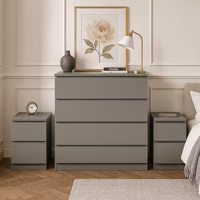 Birlea Oslo 3 Piece Modern Furniture Set including Chest of Drawers and Bedside Tables in Grey