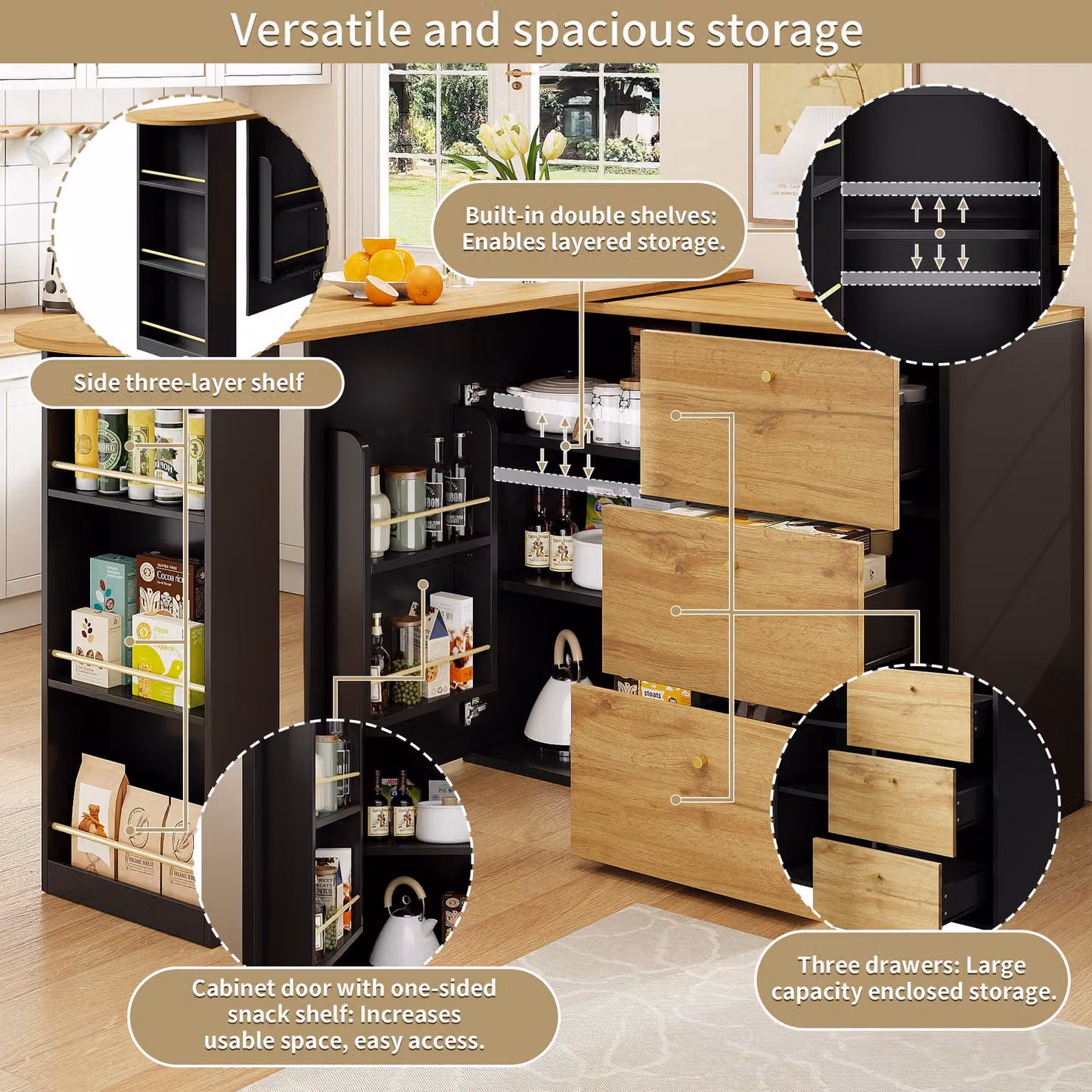 Aosom UK Extendable Bar Table with Pull-Out System, Snack Compartment, Drawers and Shelves, Black and Natural, W: 39 cm, D: 138 cm, H: 104 cm – 4